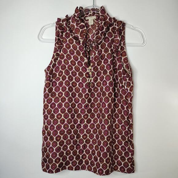 J.Crew‎ 100% Silk Sleeveless Ruffle Blouse Size 0 Geometric Paisley Print - Picture 1 of 11